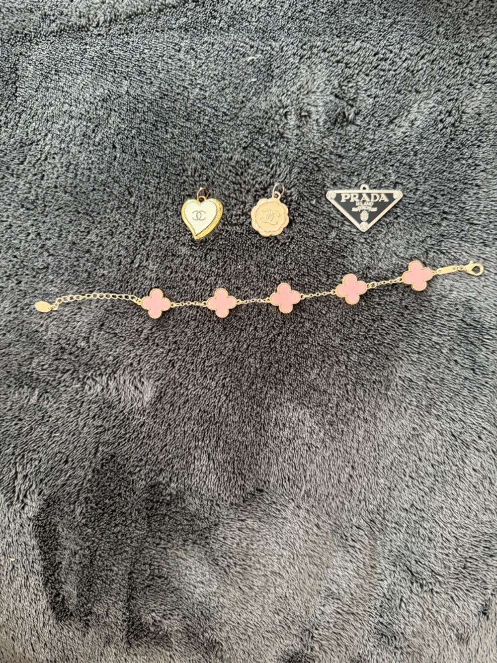 Pink Clover Motif Gold Bracelet with Designer Charms